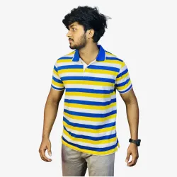 Men's Blue Yellow White Striped Polo T-Shirt | Premium Cotton Regular Fit